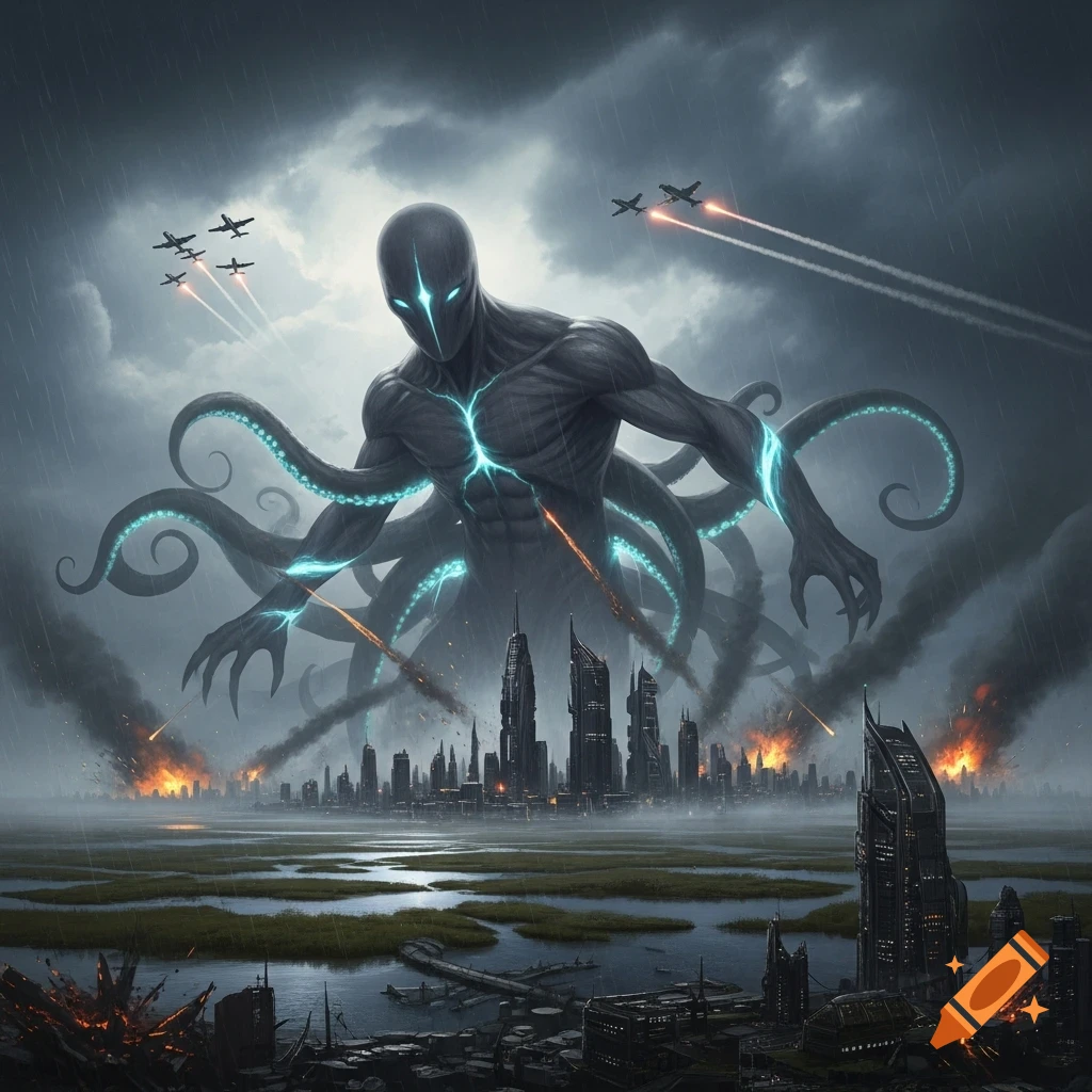 A massive eldritch god with tentacles and glowing blue energy attacks a futuristic city in a marshland as fighter jets engage it.