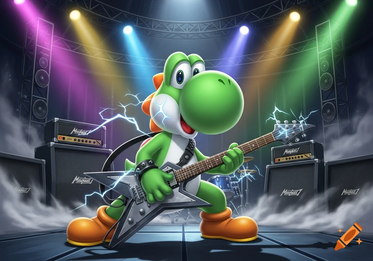 A green Yoshi playing a silver V-shaped electric guitar on a concert stage with spotlights and smoke, in a vibrant cartoon style.
