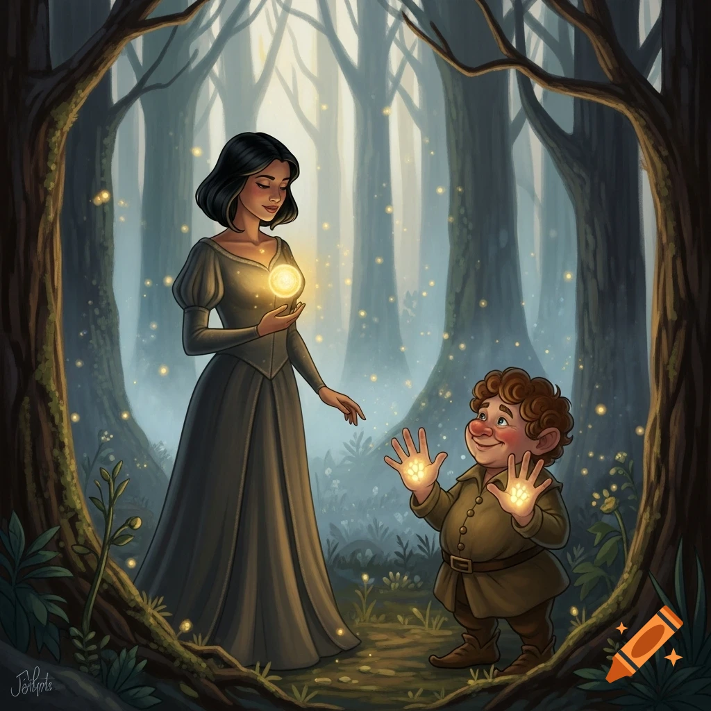 A princess in a grey dress with a glowing orb stands opposite a smiling dwarf with glowing hands in a magical forest.