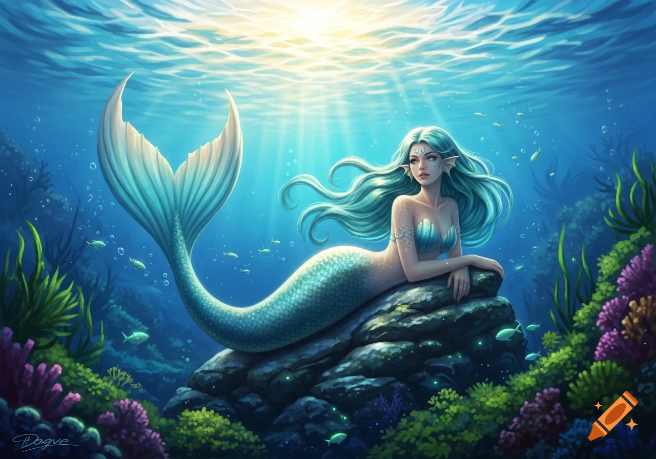 A beautiful mermaid with flowing blue-green hair and a shimmering tail rests on a rock underwater amidst colorful coral and fish, with sunlight streaming from above.