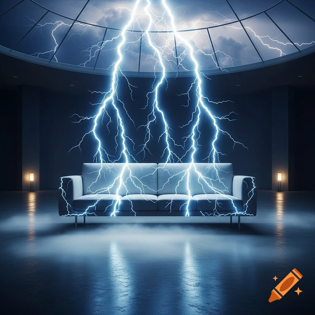 A sleek grey couch is struck by bright blue lightning bolts in a dark, modern room with a glass dome ceiling.