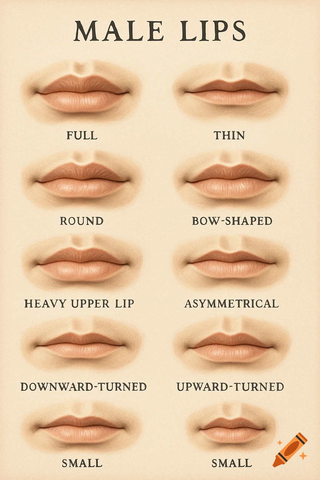 An illustrated diagram showcasing various male lip types, each labeled with its descriptive characteristic.