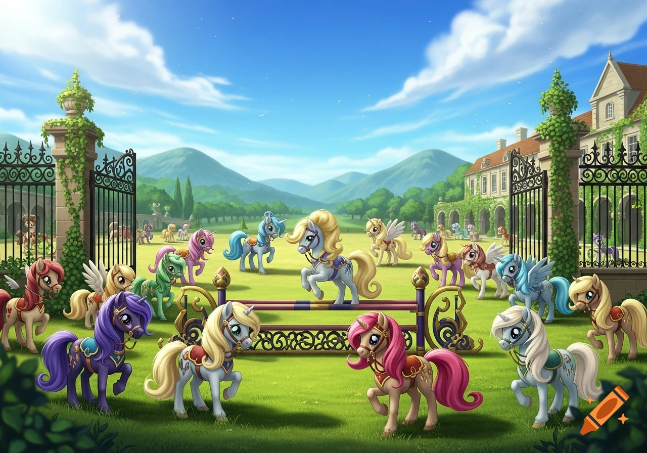 A vibrant cartoon illustration of numerous colorful ponies in a lush green field outside a large manor house.
