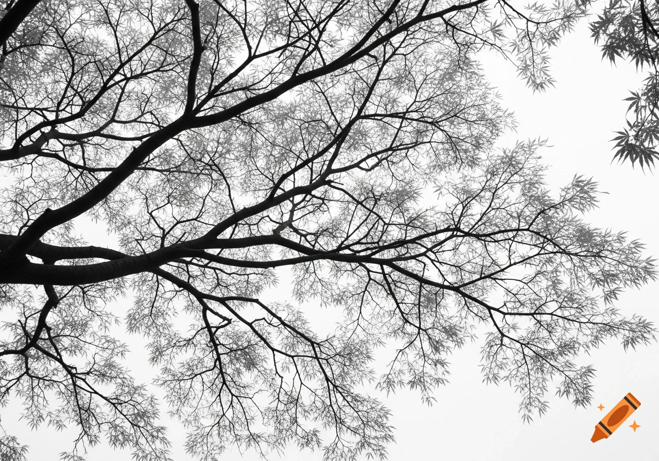 A black and white silhouette of a Japanese maple tree's branches and leaves against a bright sky.