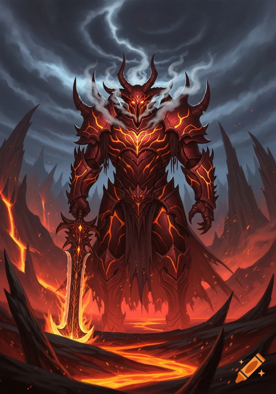 A horned, armored demon with glowing red eyes stands in a fiery hellish landscape, holding a glowing sword under a stormy sky. Dark fantasy illustration.