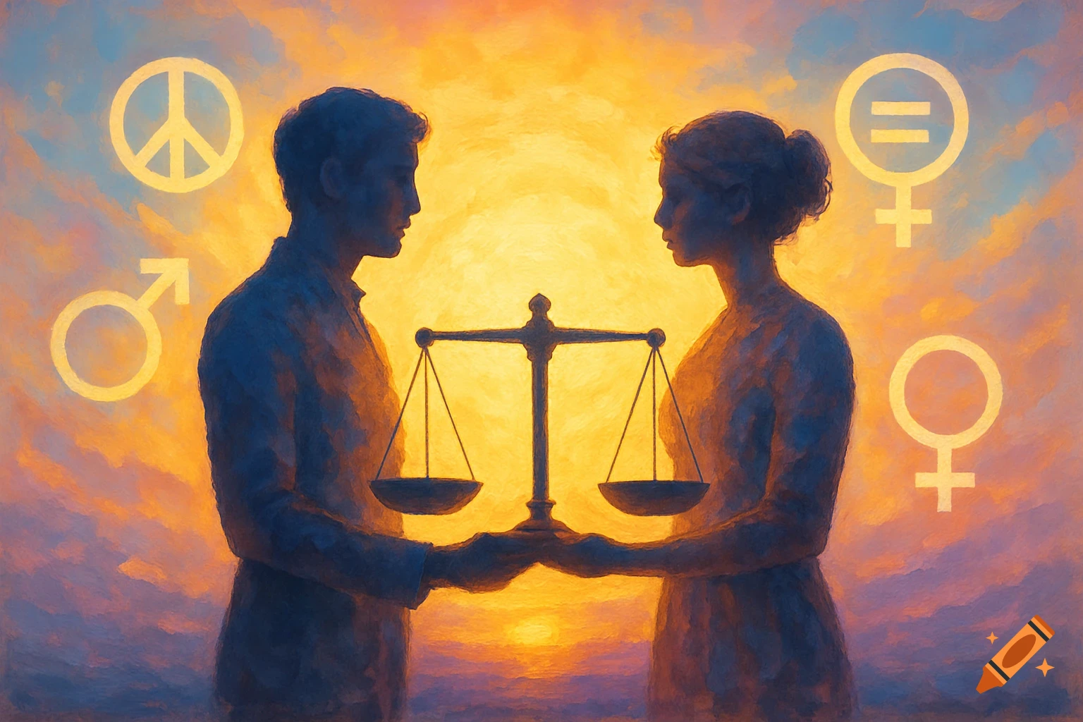 An artistic painting of a man and woman holding a balance scale under a sunset sky, surrounded by gender and peace symbols.