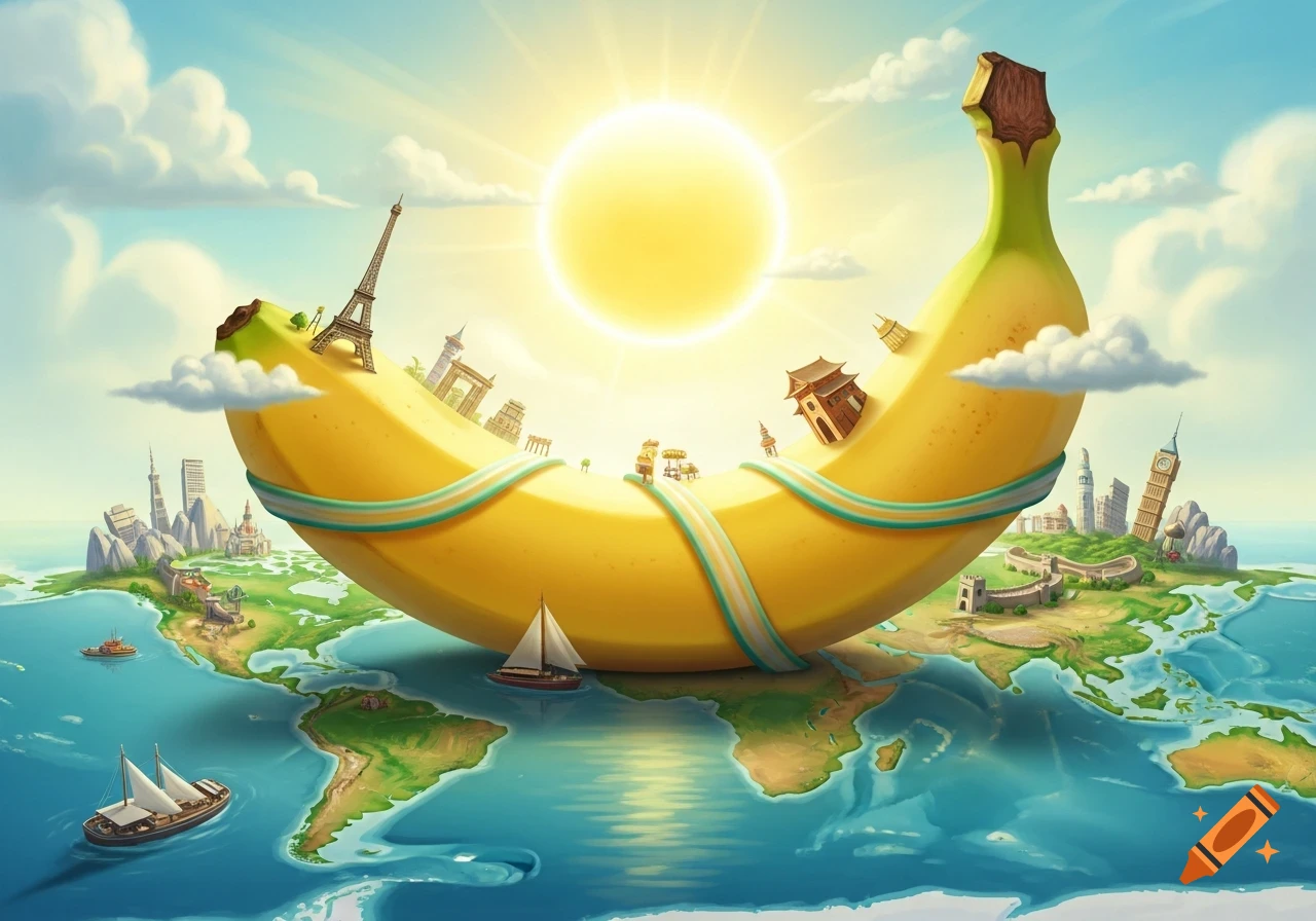 A giant banana rests on a colorful world map, adorned with famous global landmarks under a bright sun.