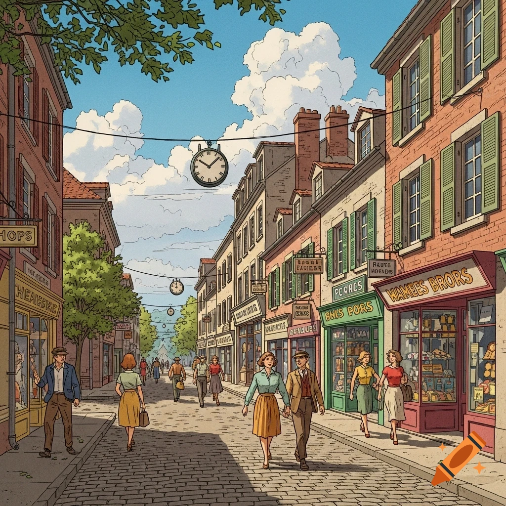 Illustration of a bustling European town street with people, shops, and brick buildings under a cloudy sky.