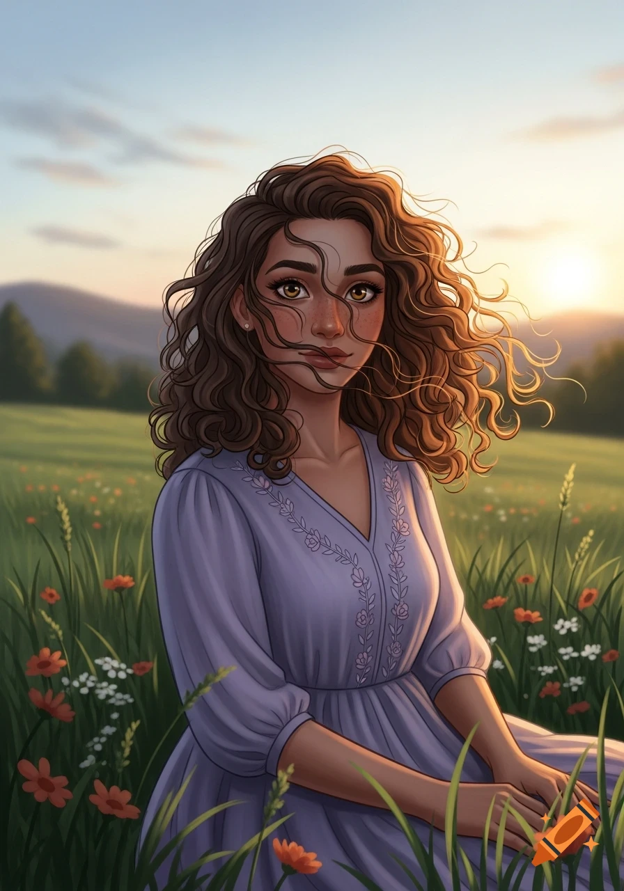 An illustration of a young woman with curly brown hair and freckles ...