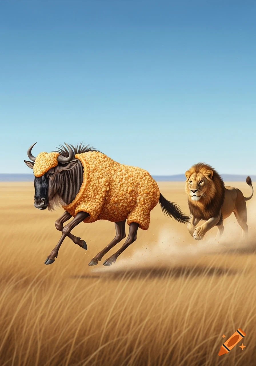 A stylized breaded wildebeest runs across a golden savanna, pursued closely by a lion under a clear blue sky.