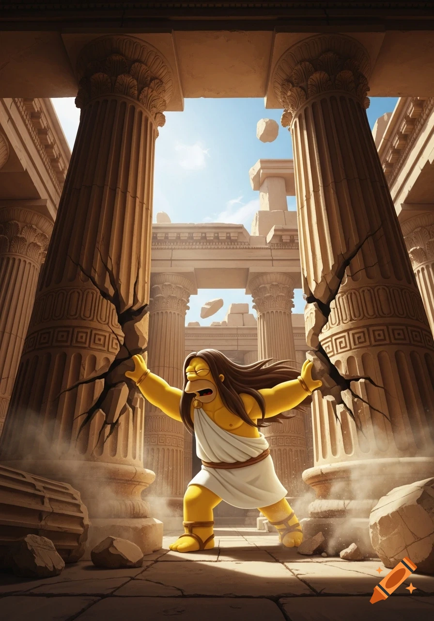 Homer Simpson as Samson with long hair and a white toga, straining to break the large stone columns of an ancient temple, causing dust and debris.