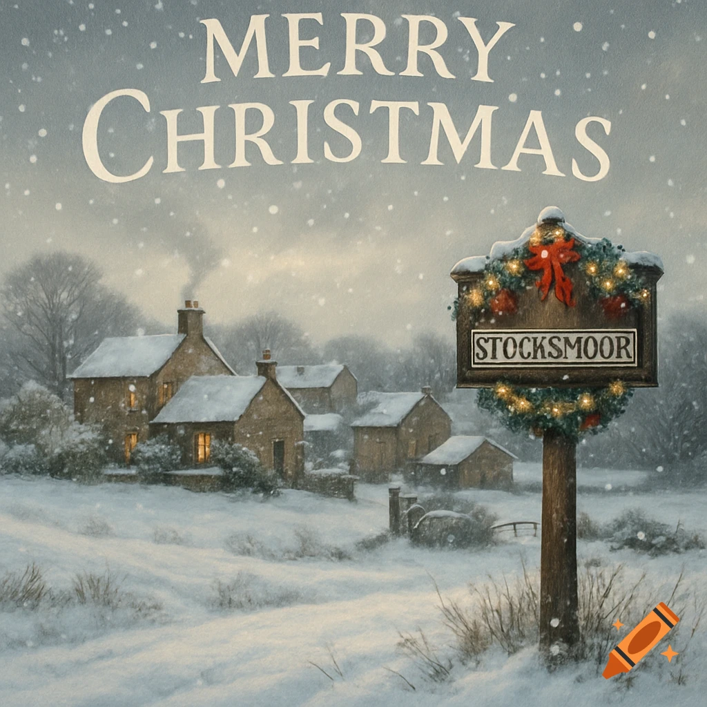 Snowy rural village with quaint houses and a 'Stocksmoor' sign, surrounded by fields under falling snow, with 'Merry Christmas' at the top.