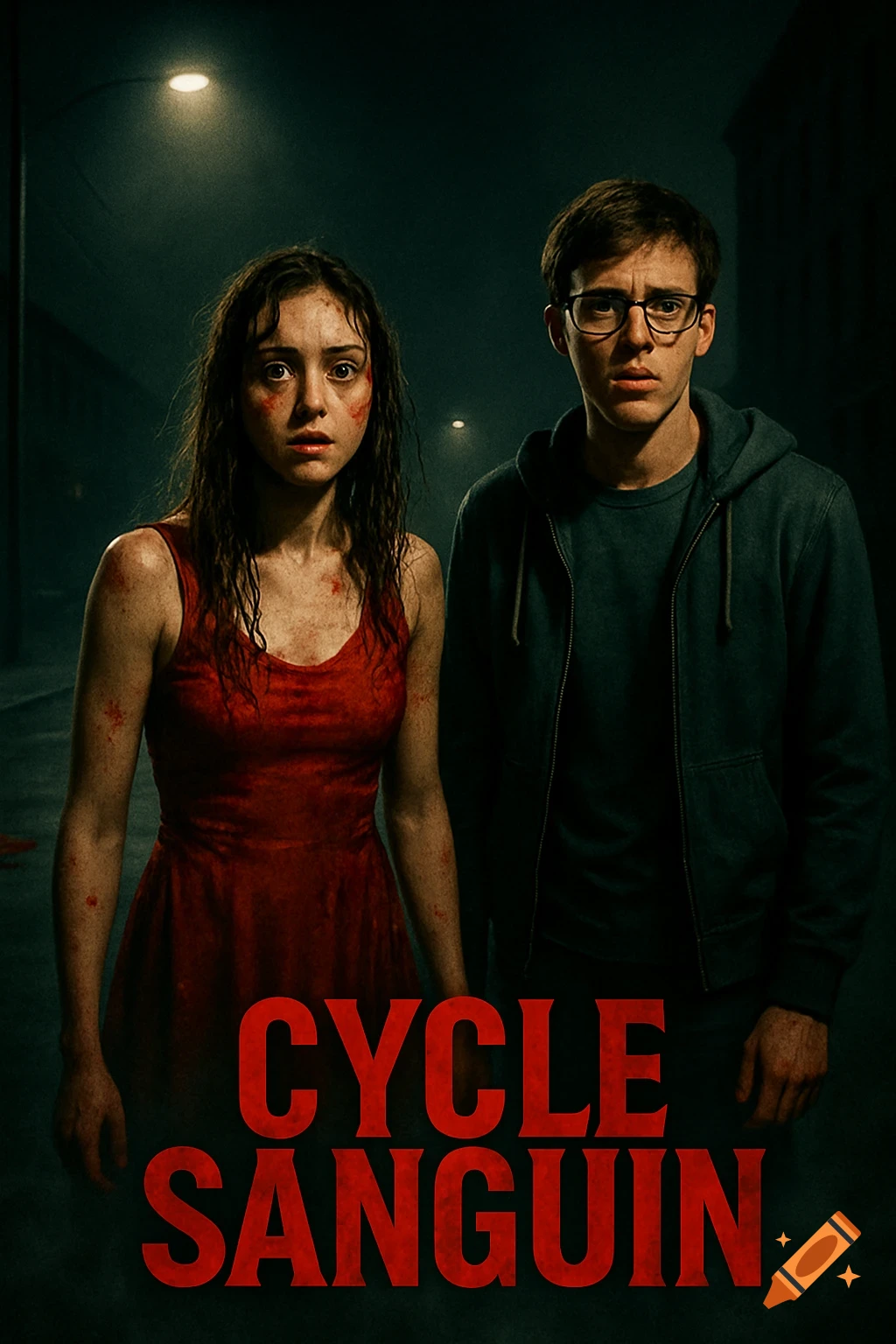 A realistic horror movie poster for 'CYCLE SANGUIN' shows a distressed, blood-splattered woman in a red dress and a man in a hoodie standing in a dark street.