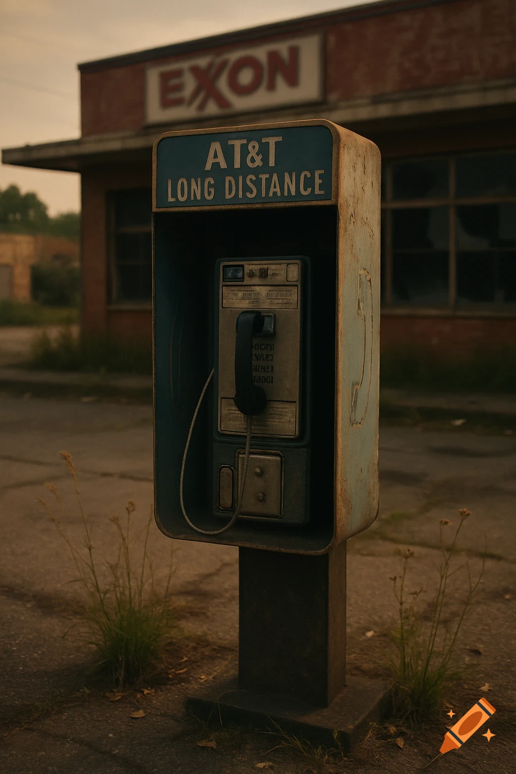 A weathered AT&T Long Distance payphone stands in front of a dilapidated Exxon station under a muted sky, depicting a scene of urban decay.