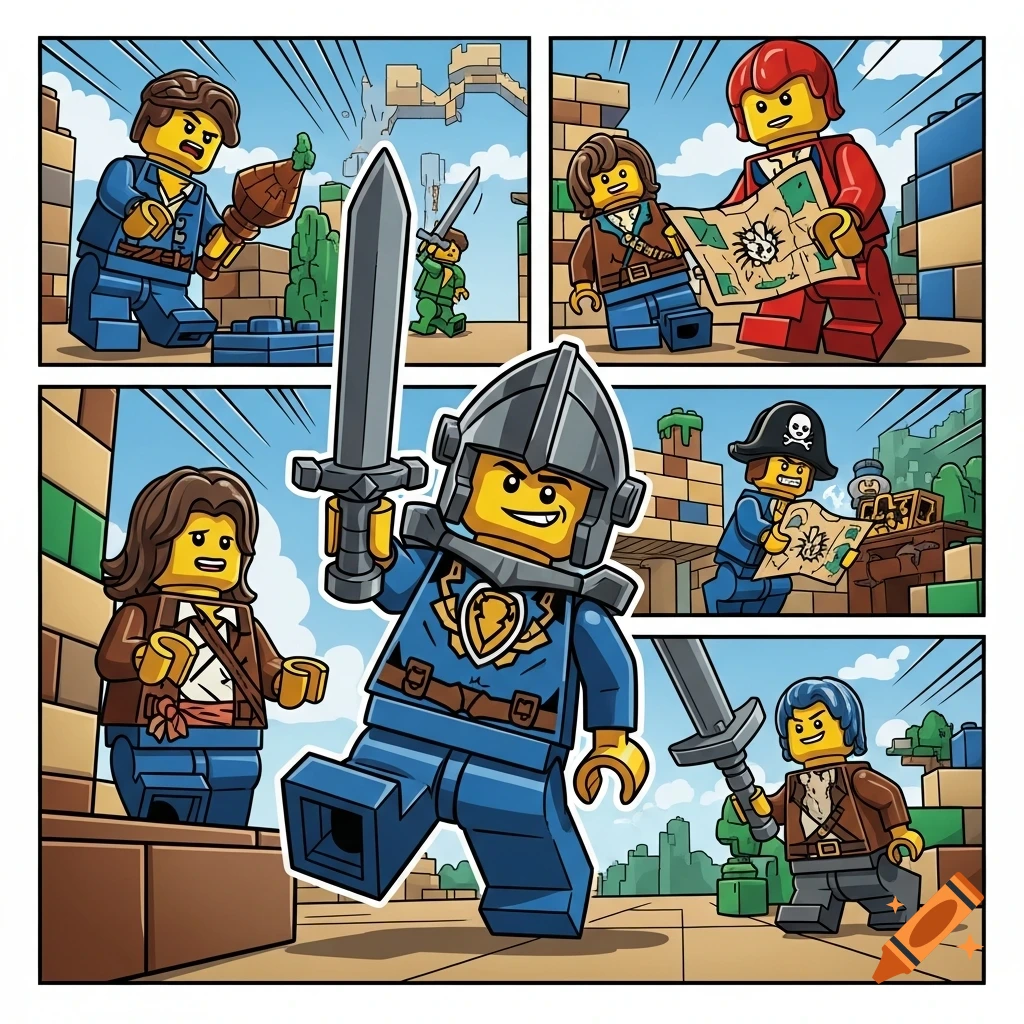 A comic strip showing Lego characters in various adventure scenes, including a knight, pirates, and explorers with maps, in a blocky, stylized world.