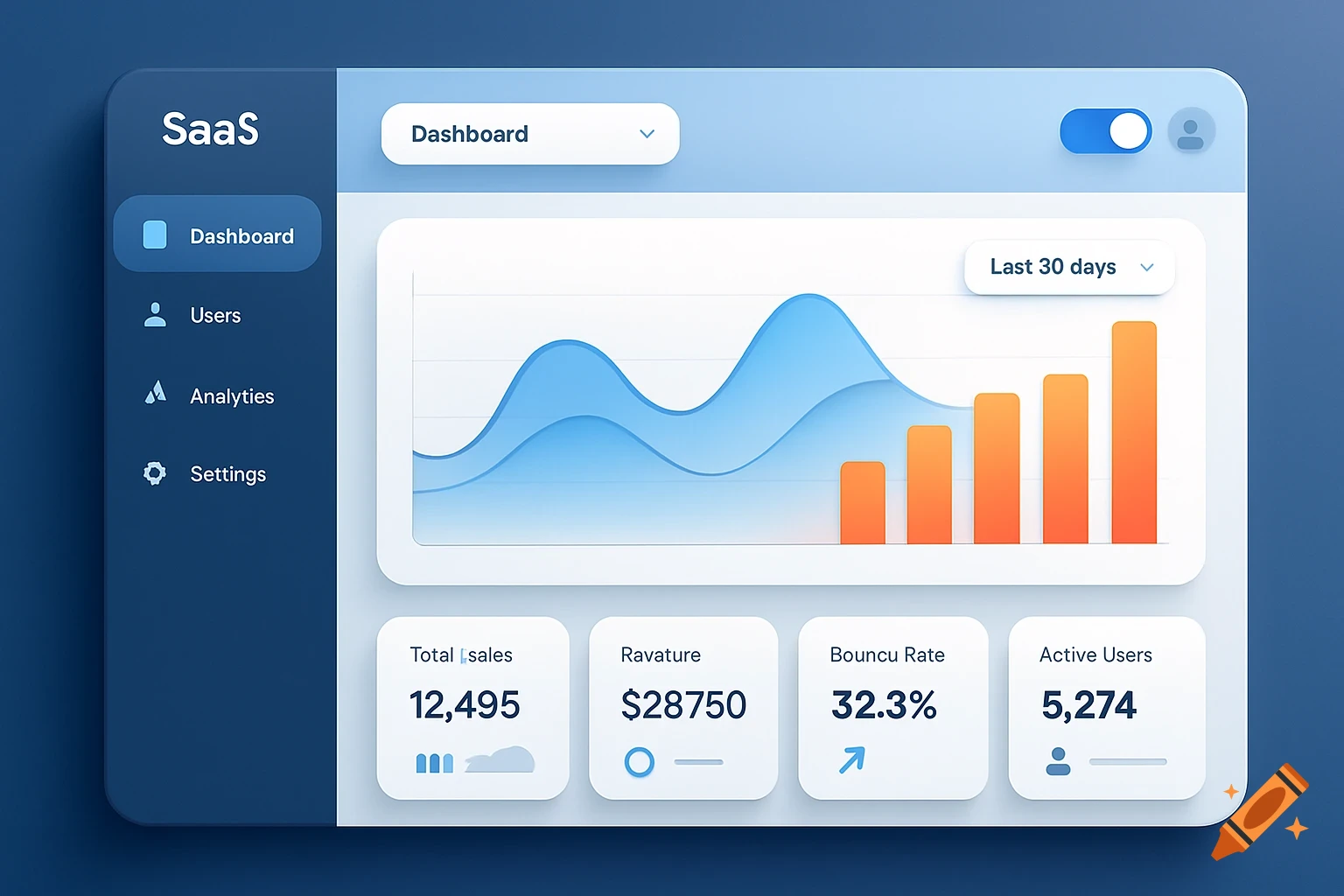 A clean, modern SaaS UI dashboard with a dark blue sidebar and light blue main content area showing a graph, bar charts, and metric cards.