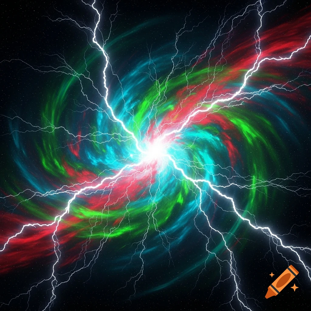 Bright white lightning strikes through swirling abstract patterns of turquoise, green, and red against a dark, starry background.