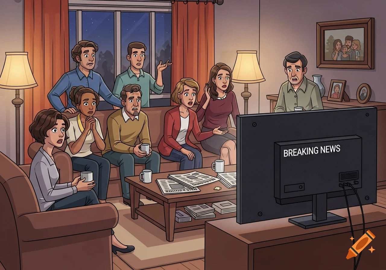 Cartoon of a group of diverse adults with confused and concerned expressions gathered in a living room, watching "BREAKING NEWS" on television.