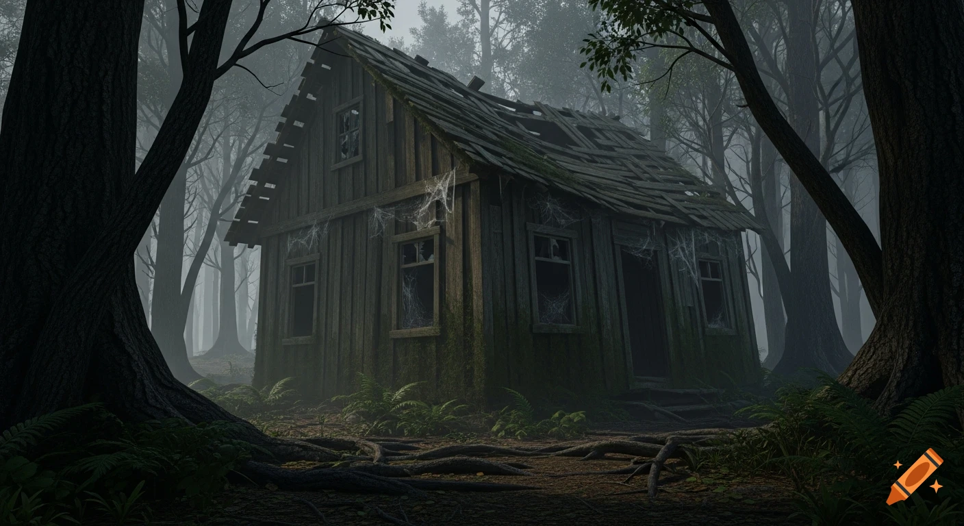 An abandoned, dilapidated wooden cabin with a broken roof and windows covered in cobwebs, deep in a dark, misty forest with tall trees and exposed roots.