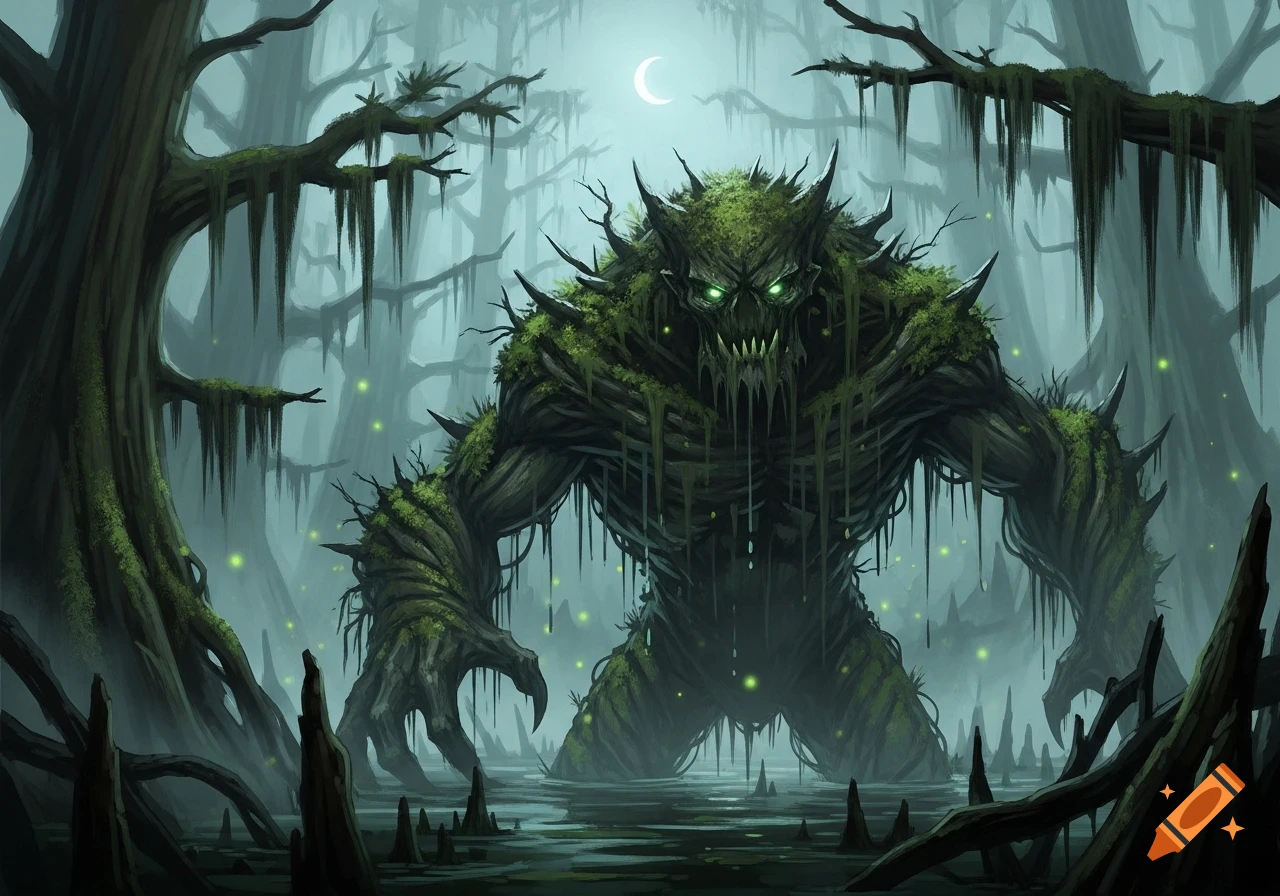 A large, menacing, moss-covered swamp monster with glowing green eyes and jagged teeth stands in a dark, foggy swamp under a crescent moon, surrounded by gnarled trees.