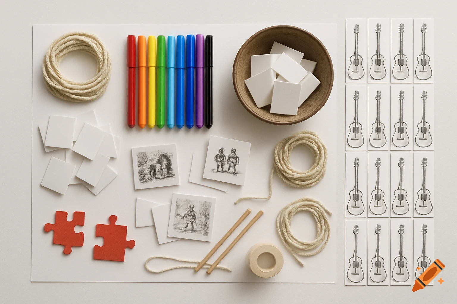 Overhead flat lay of craft materials: rope, rainbow markers, white cards, a wooden bowl, red puzzle pieces, wooden sticks, tape, and guitar-drawn bookmarks.