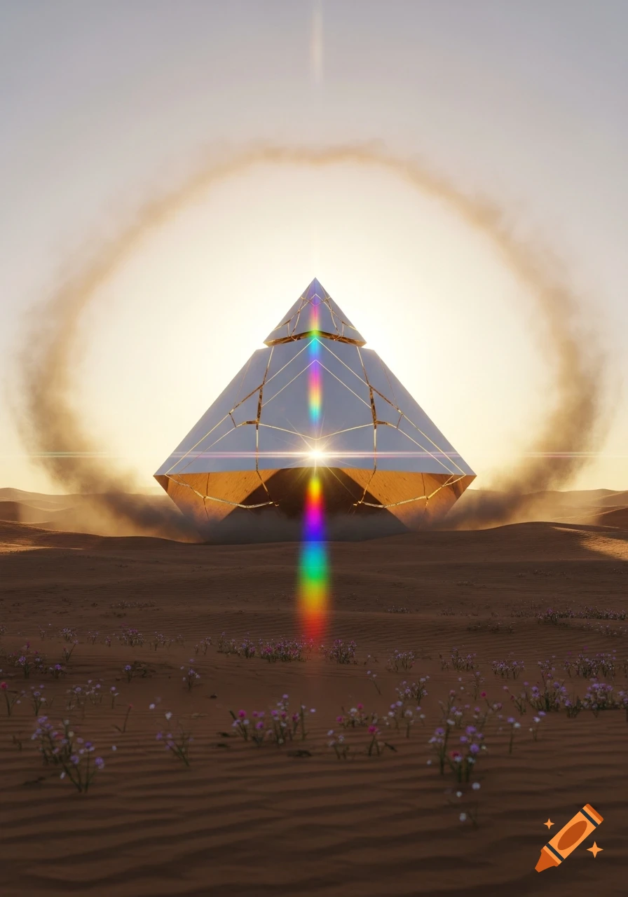 A gleaming, geometric pyramid-like structure stands in a sandy desert, emitting a rainbow light beam under a golden sky with dust swirls.