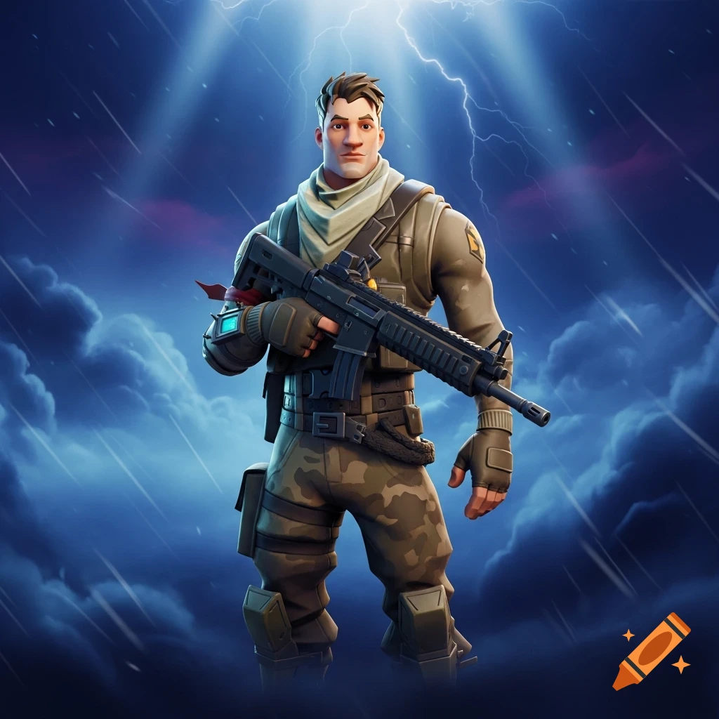 A 3D render of a male Fortnite character in military gear, holding a rifle under a stormy, lightning-filled sky.