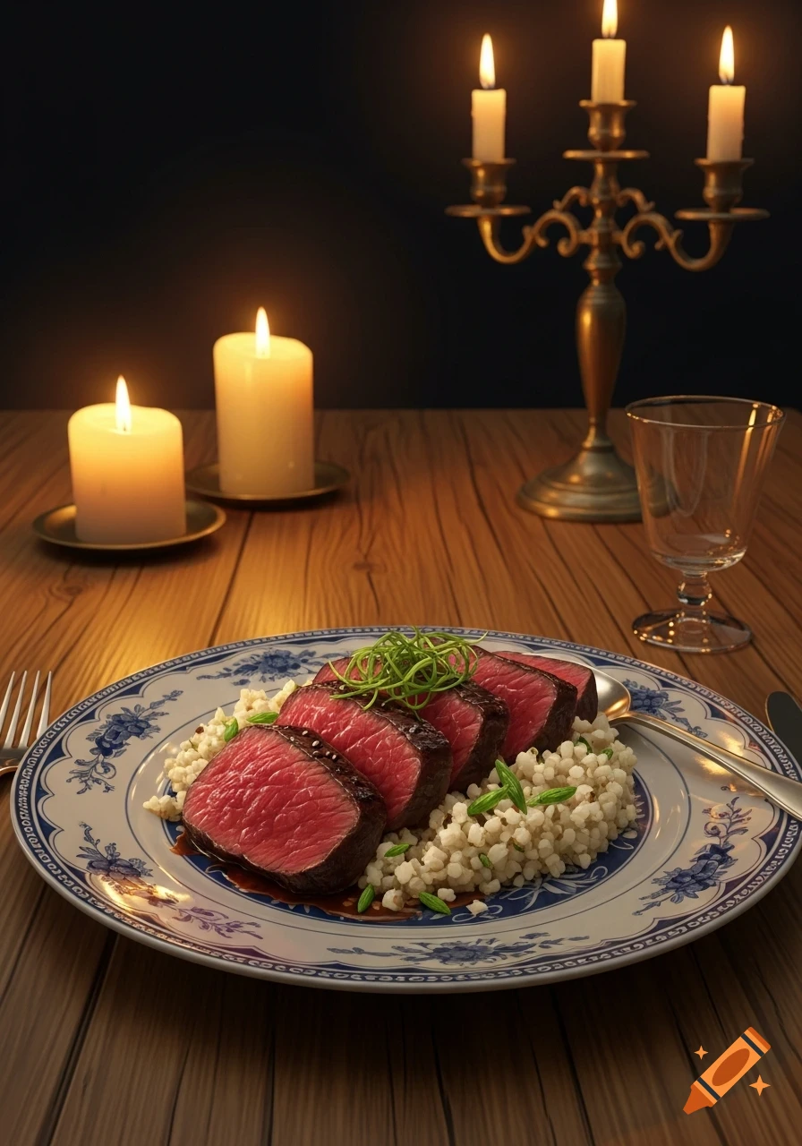 Photorealistic sliced beef with cauliflower rice on a decorative plate, set on a wooden table illuminated by candlelight.