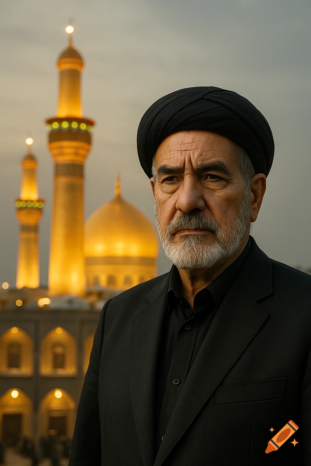 Photorealistic portrait of a serious man with a black turban and white beard, in front of a golden-domed shrine with minarets.