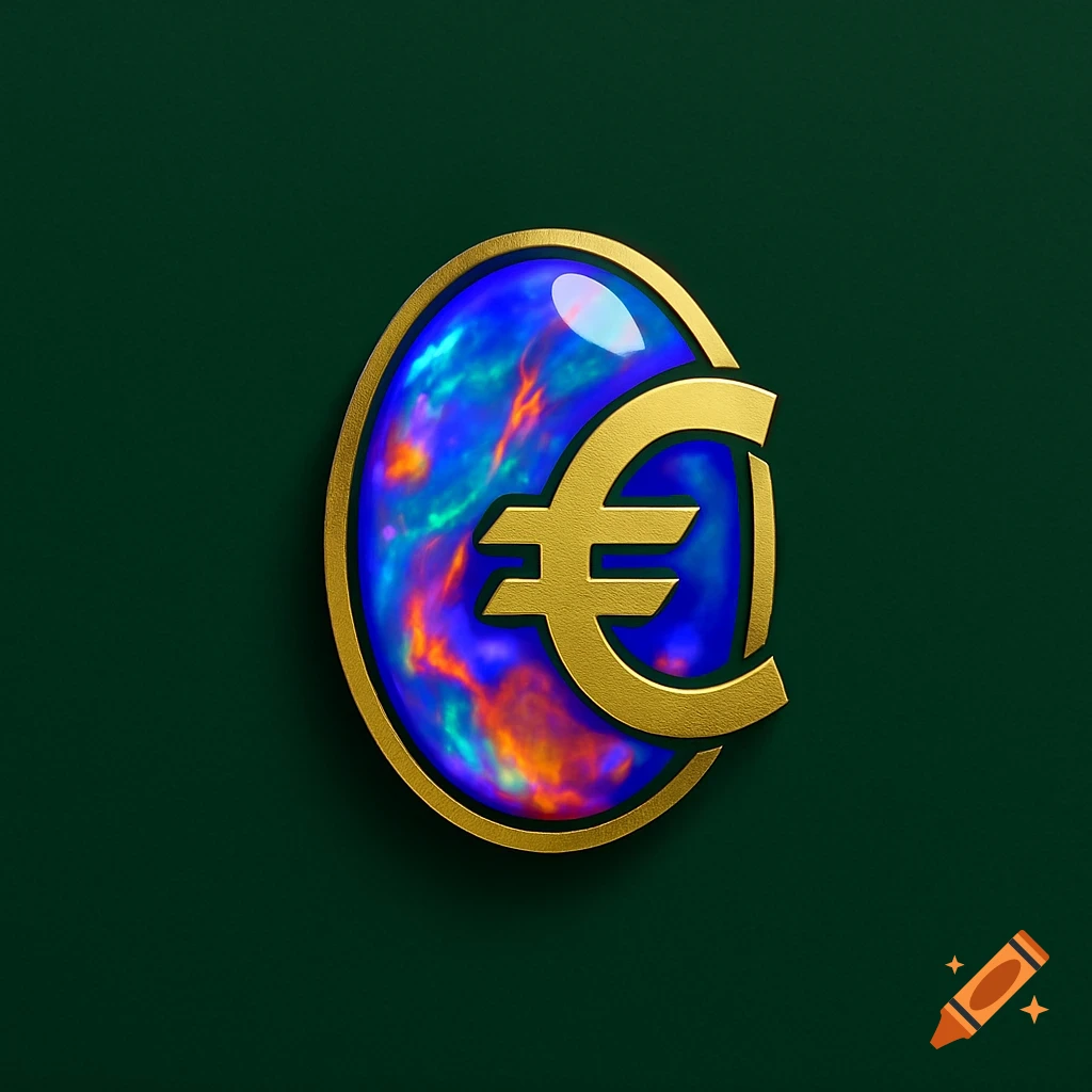 Golden Euro sign emblem within a circular blue and orange opal gem on a dark green background.