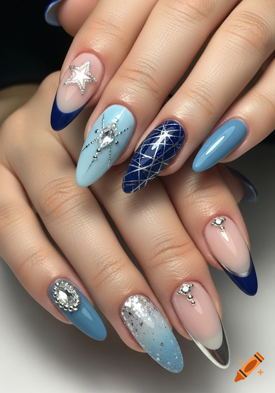 A close-up of a person's hands with elegant blue and silver Christmas-themed stiletto nails, adorned with glitter, crystals, and patterns.