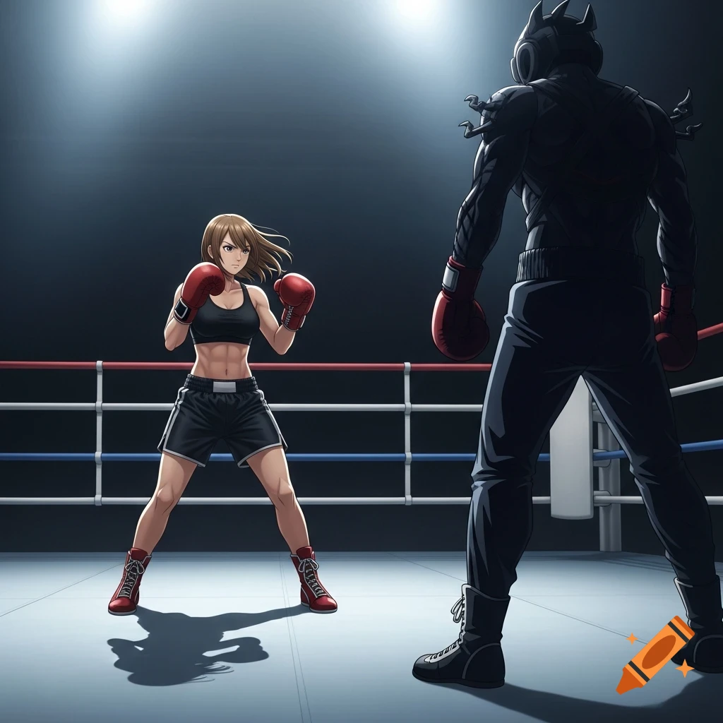 An anime woman boxer in a sports bra and trunks, with red gloves, stands ready to spar a tall, dark silhouette opponent in a boxing ring.