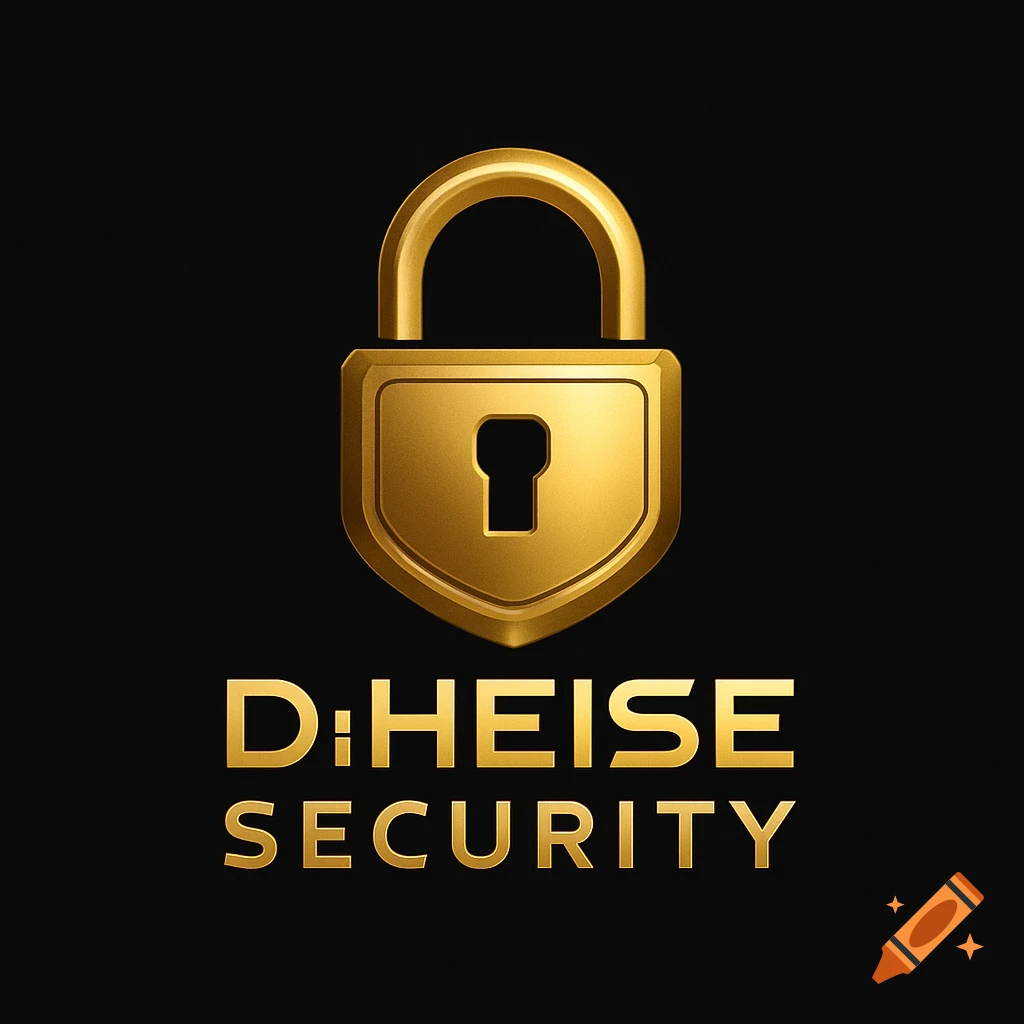 A golden padlock sits above the text "D:HEISE SECURITY" on a black background, forming a modern logo.