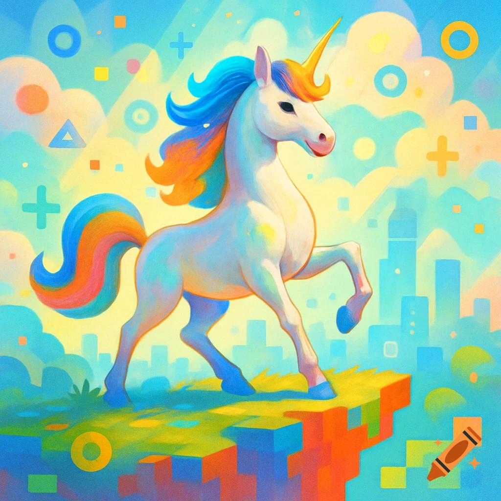 A colorful, stylized unicorn with a blue and orange mane and tail stands on a vibrant, blocky landscape with geometric shapes in the sky.