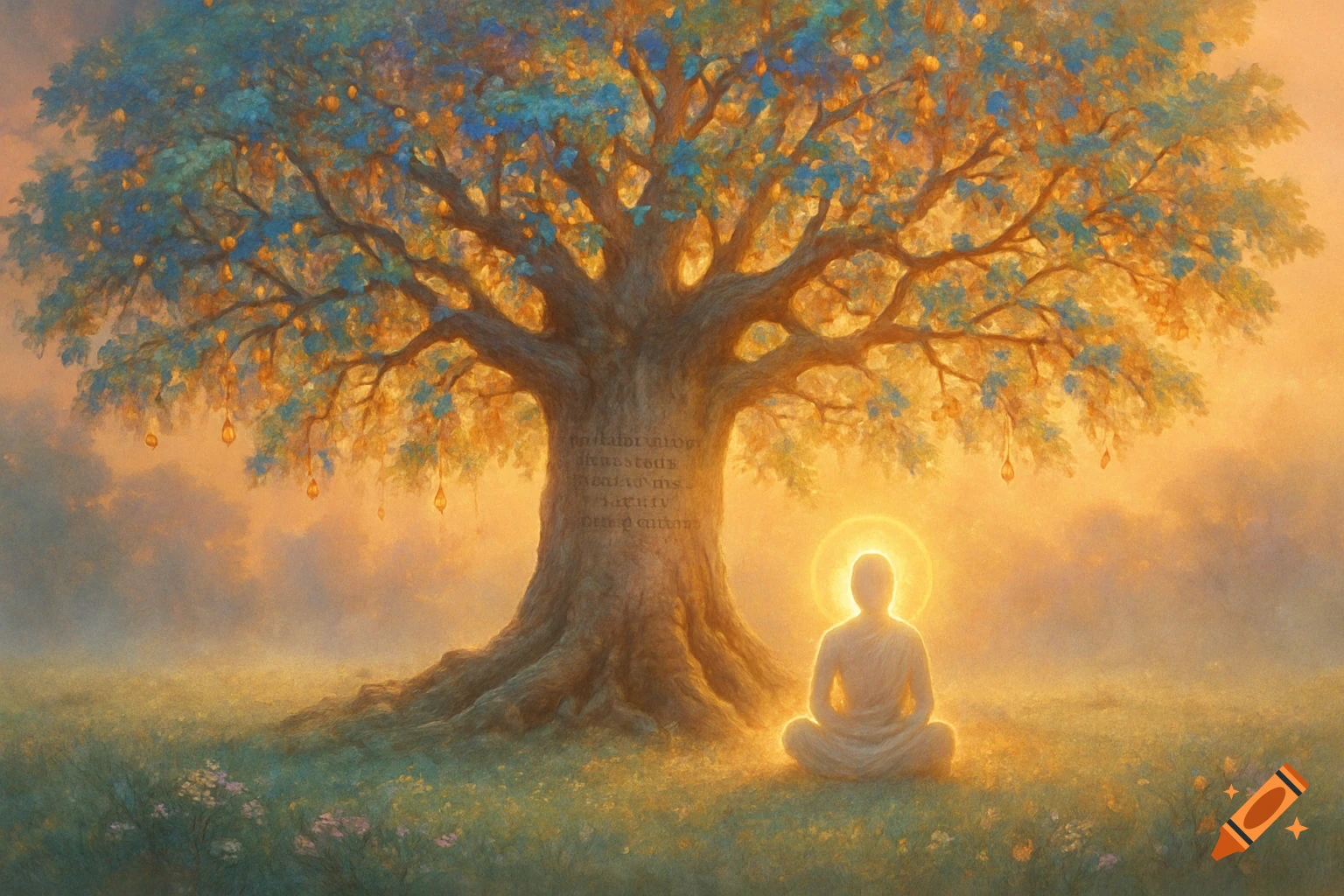 A glowing, meditating figure sits beneath a large, colorful tree with blue and orange leaves and glowing lanterns, in a misty, grassy field at sunset.