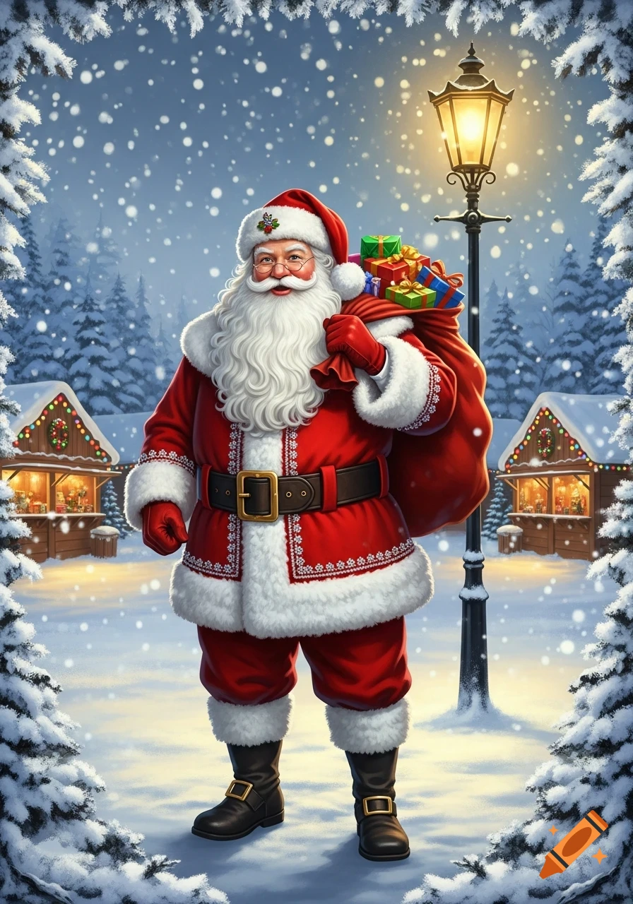 A cheerful Santa Claus in a snowy Christmas village, carrying a sack ...