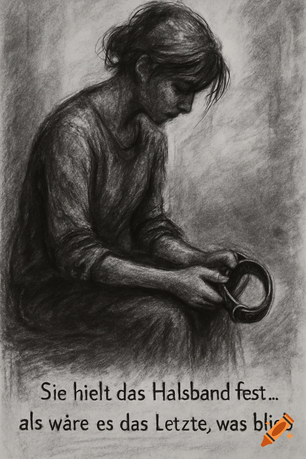 Black and white charcoal sketch of a woman sitting with her head lowered, holding a dog collar, with German text below.