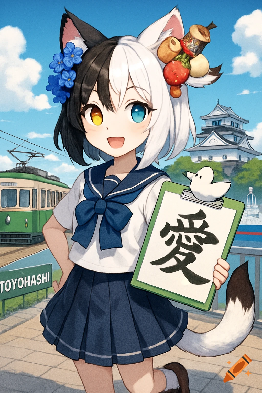 Anime catgirl with split black/white hair and different colored eyes, in a sailor uniform, holding a clipboard with the kanji 'love'. Background shows a Toyohashi streetcar and castle.