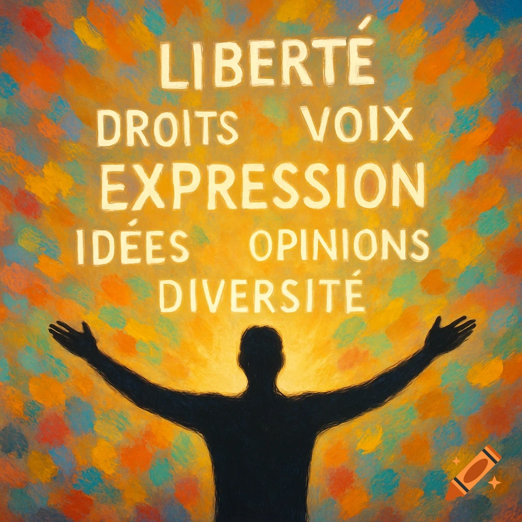 A silhouette of a person with outstretched arms against a vibrant, painterly background filled with French words like 'LIBERTÉ' and 'EXPRESSION'.