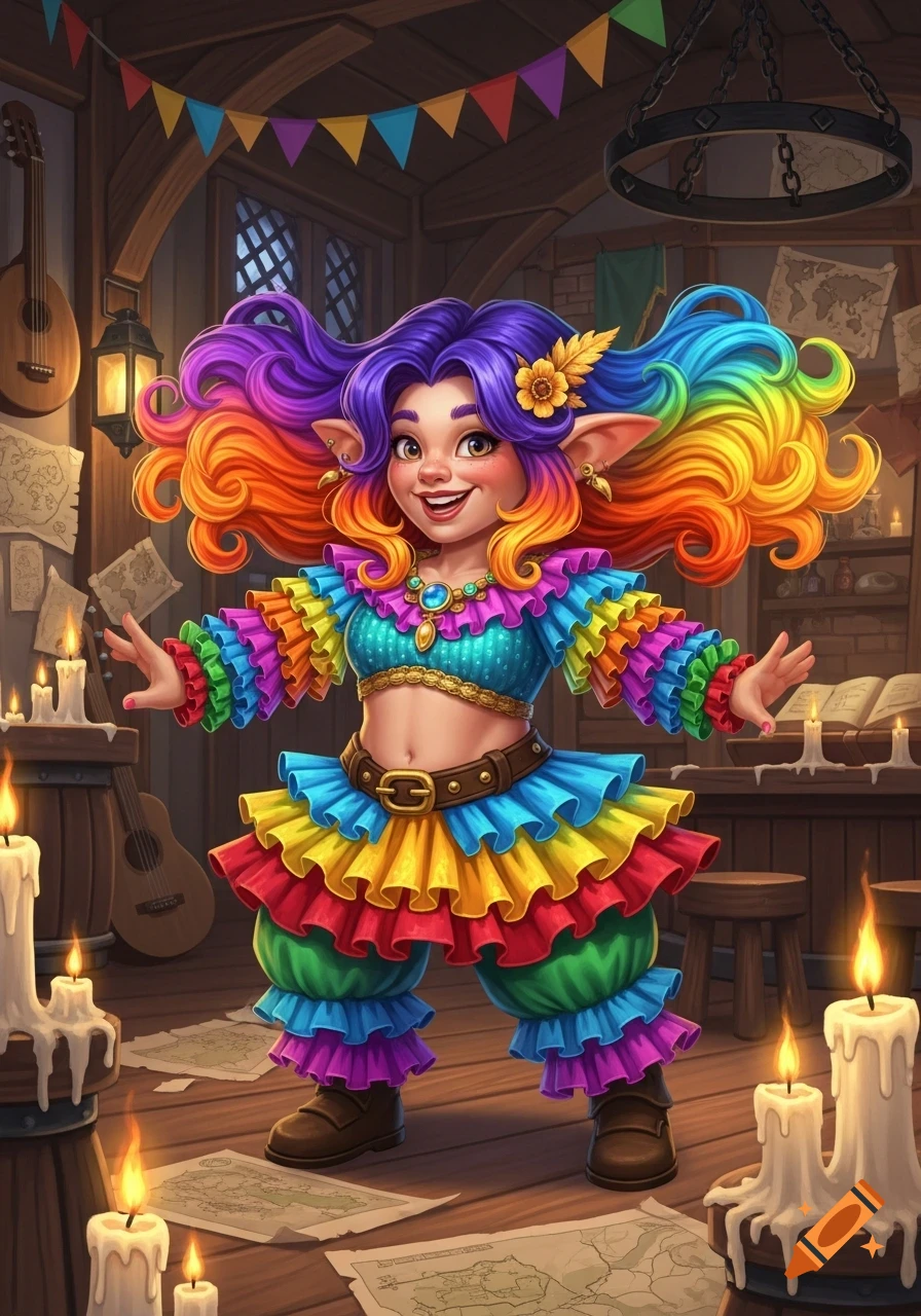A cheerful halfling bard with rainbow hair and a colorful, ruffled outfit stands in a cozy, candlelit tavern.