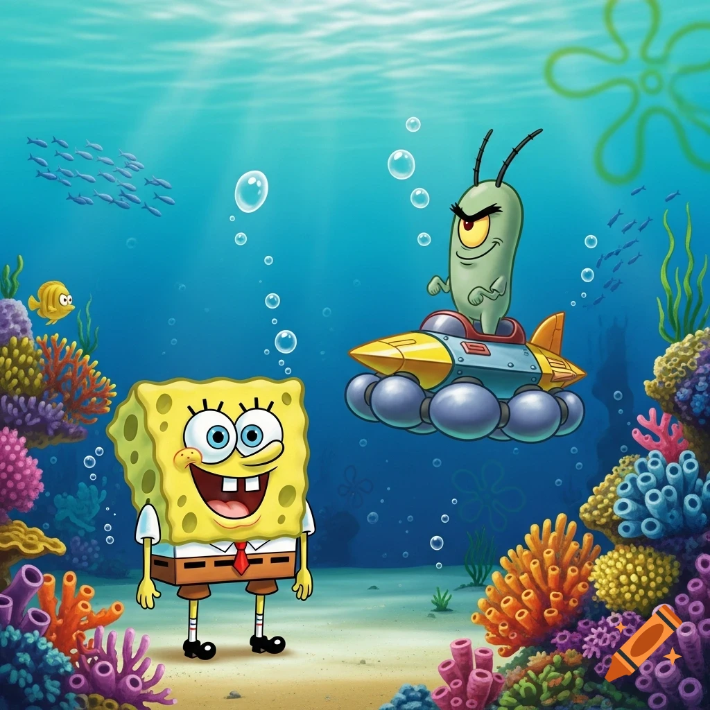 Spongebob Squarepants smiles on the ocean floor while Plankton rides a vehicle through the water above him, surrounded by colorful coral.