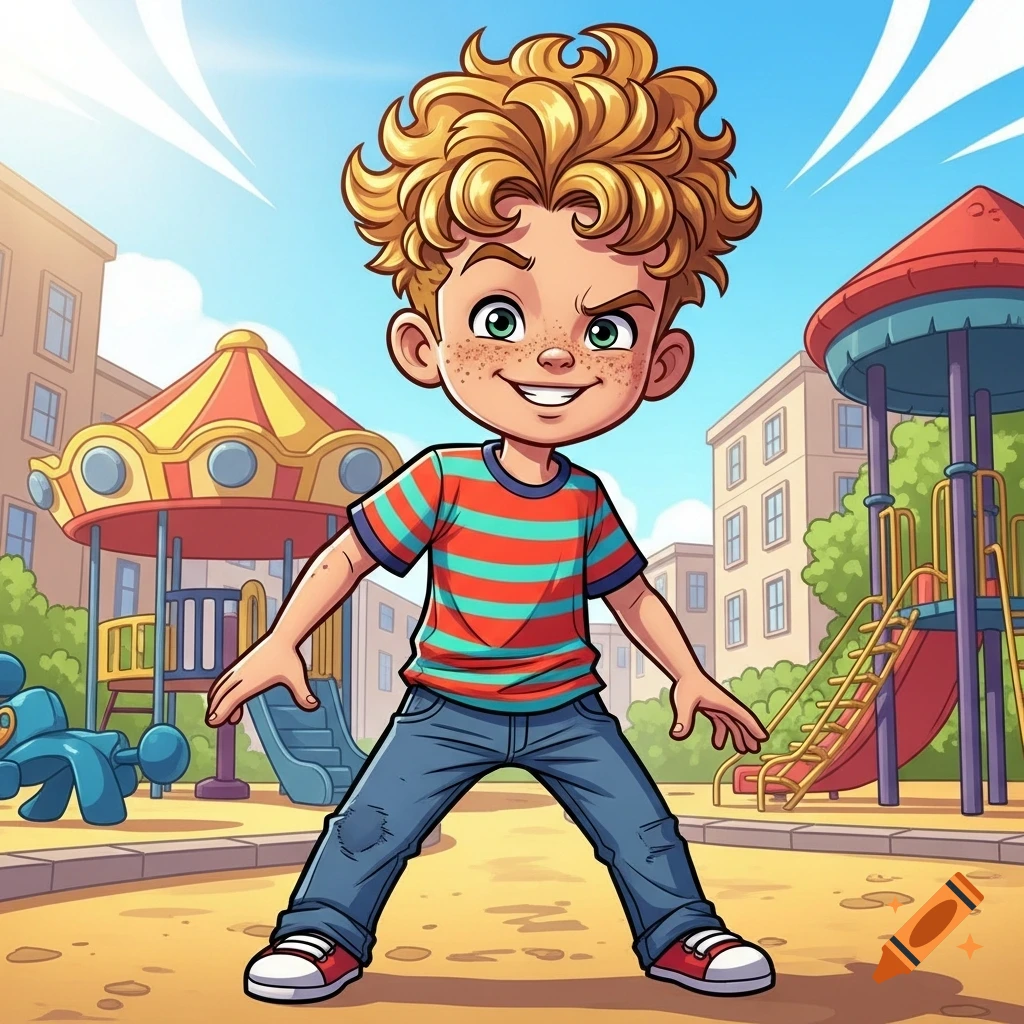 A cartoon boy with curly blond hair and freckles smiles confidently in a colorful playground, wearing a striped shirt.