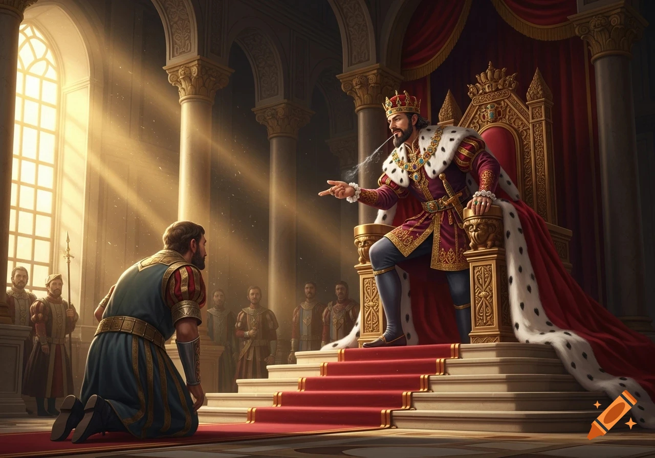 A king on a golden throne spits at a kneeling servant in a grand, sunlit throne room.