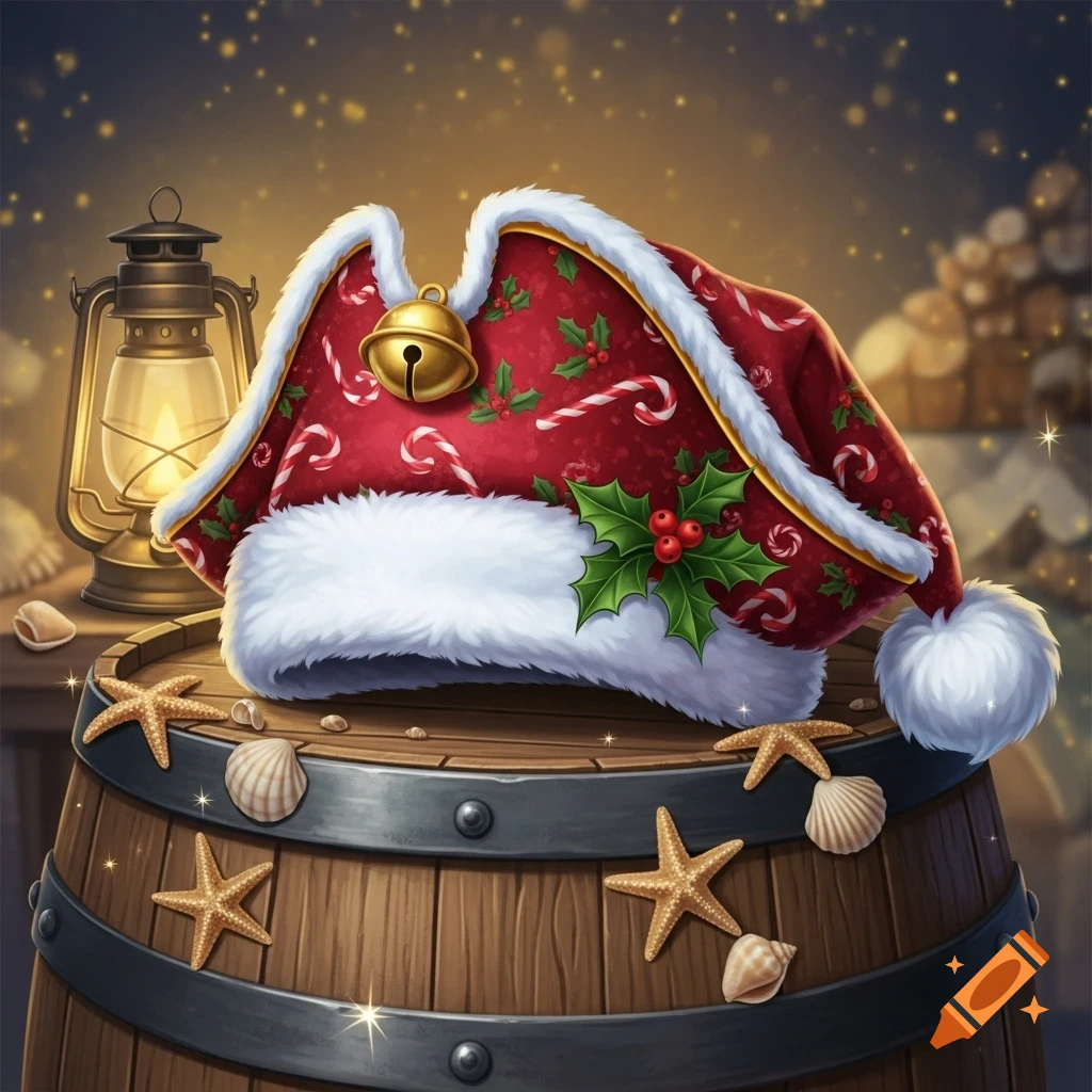 A festive red pirate hat with white fur trim, decorated with holly, candy canes, and a gold jingle bell, on a wooden barrel with starfish and seashells.