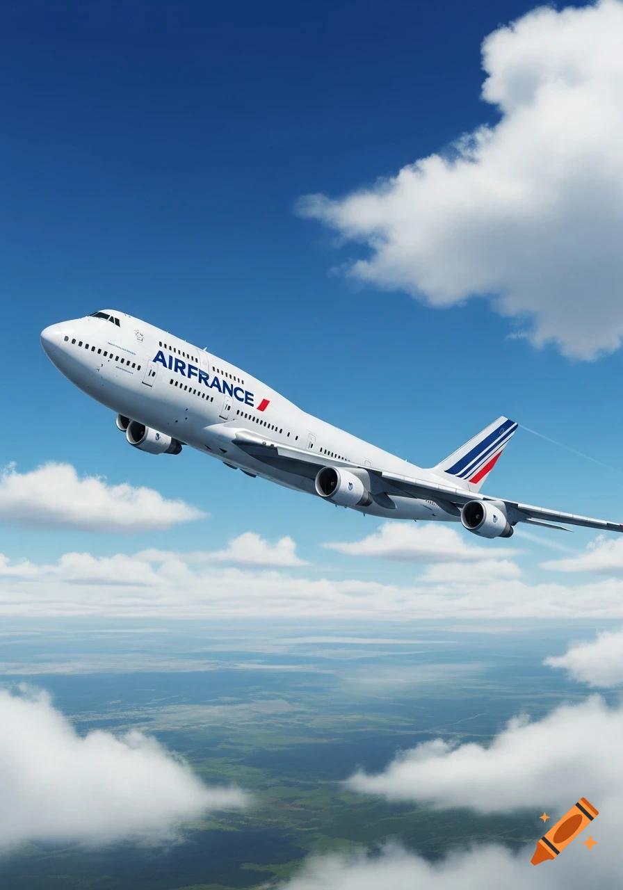 A white Air France Boeing 747 airplane ascends into a blue sky filled with scattered white clouds, with a green landscape visible below.