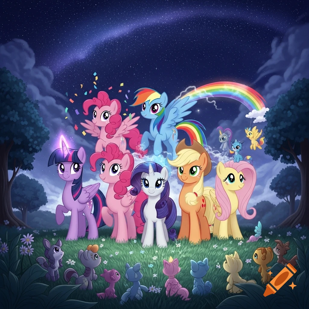 The My Little Pony Mane Six and other small ponies pose in a grassy field under a starry night sky with a rainbow, cartoon style.