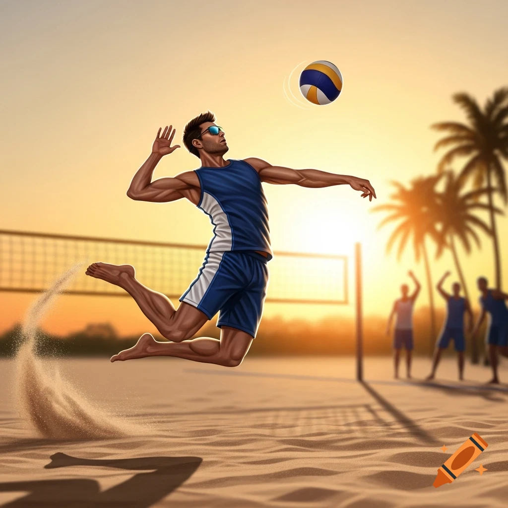 A male volleyball player jumps to spike a ball on a sunny beach court with palm trees in the background.