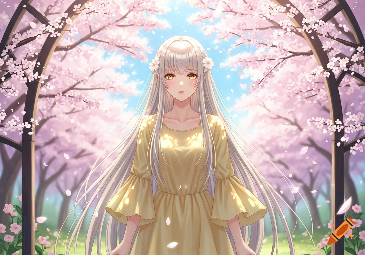 Anime girl with long platinum blonde hair and gold eyes in a yellow dress, standing under cherry blossoms.