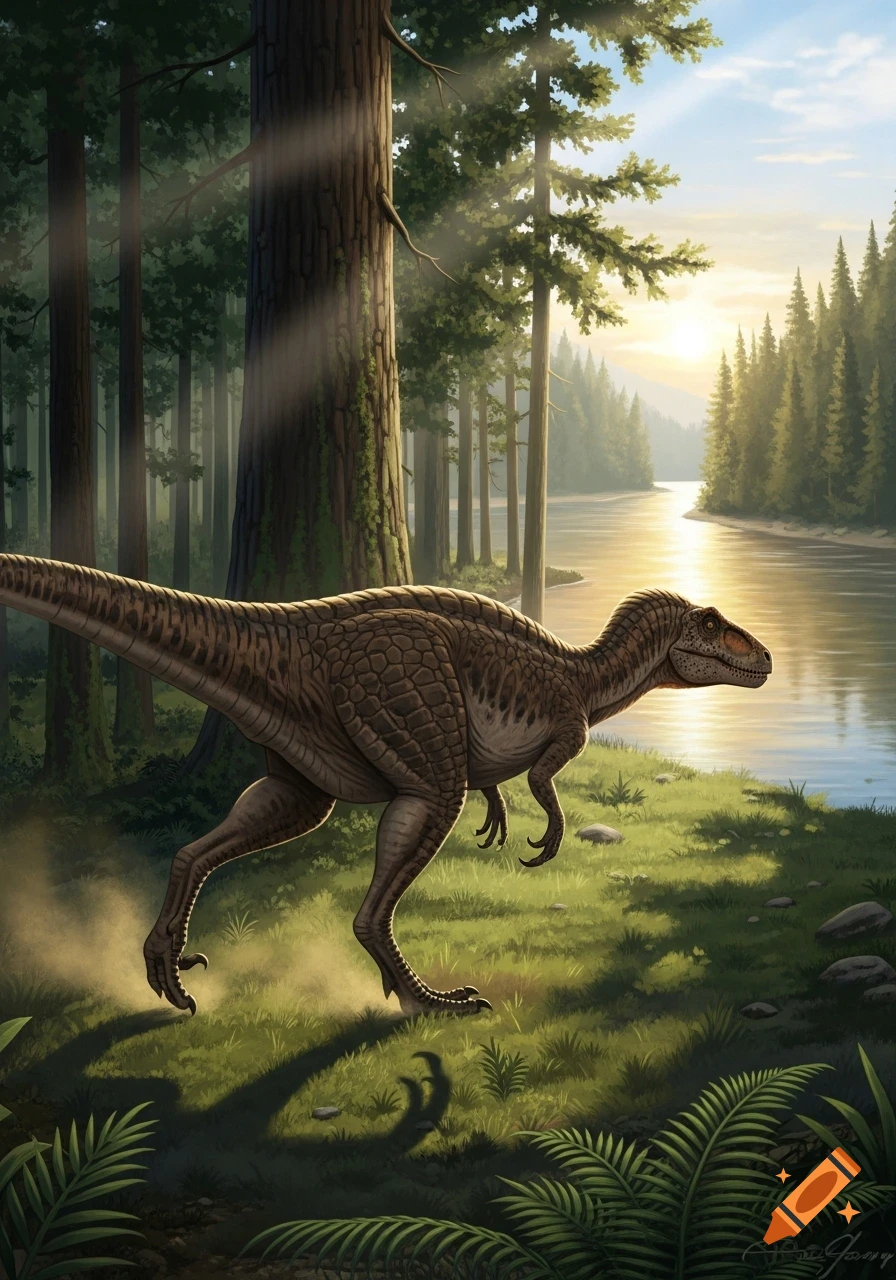 A Nanotyrannus lethaeus walks through a sunlit conifer forest with ferns towards a calm river.