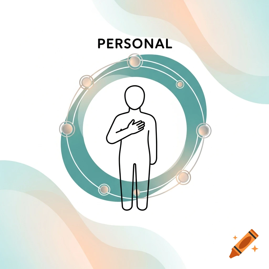 An AAC symbol of a stick figure with a hand on its chest inside a teal circle, with the word 'PERSONAL' above.